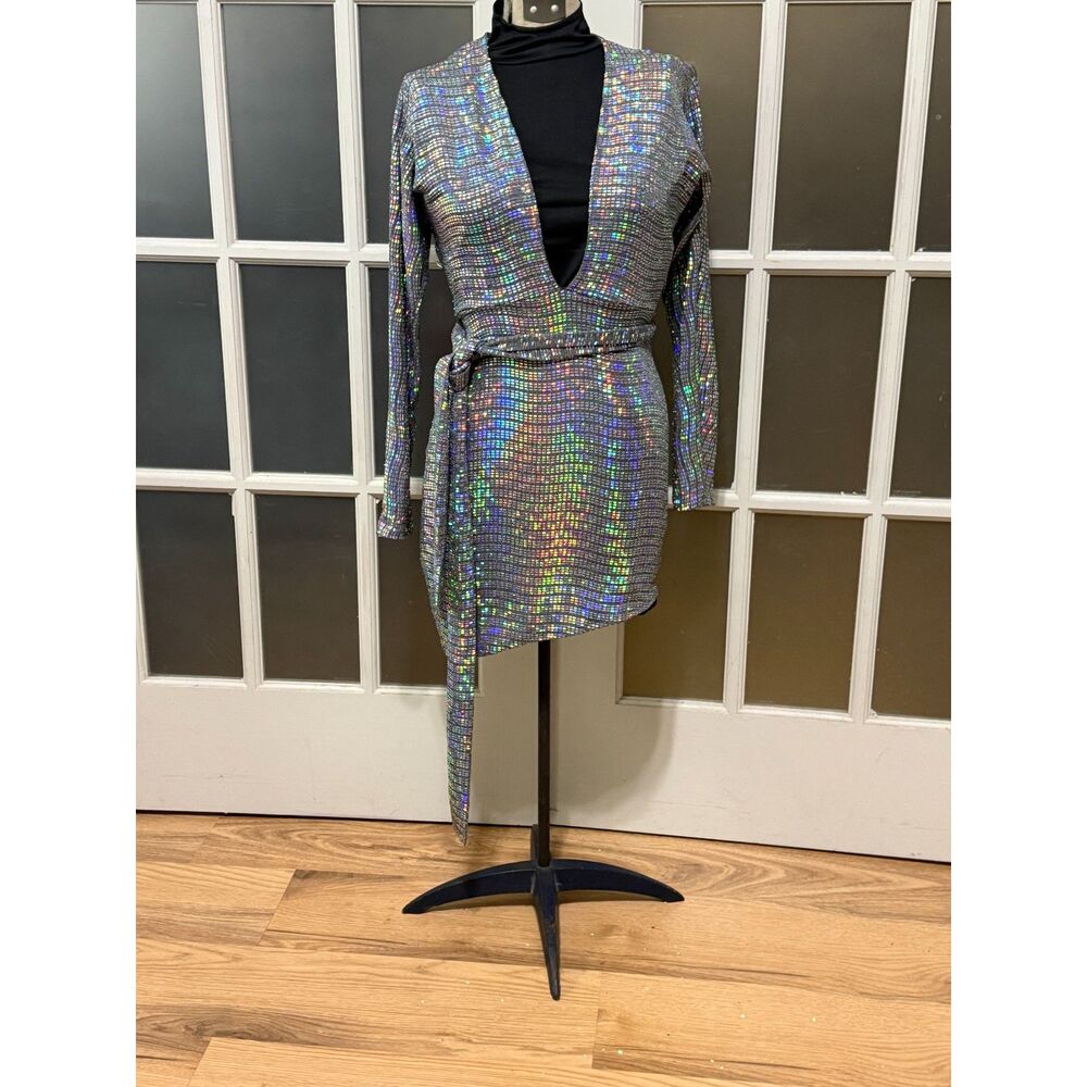 Etiquette Holographic Silver Sequin Wrap Mini Dress